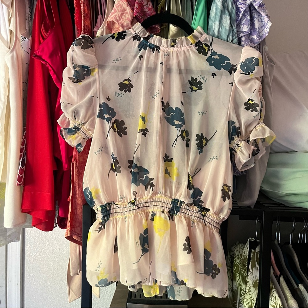 SELF-PORTRAIT peach cream nude floral print sheer ruffle‎ puff sleeve blouse